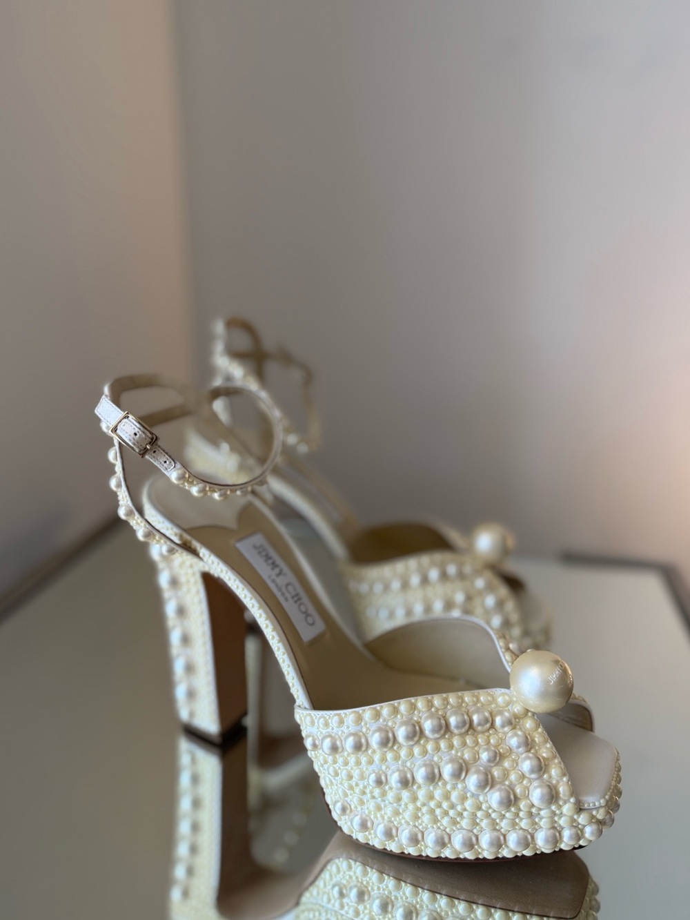 New Jimmy Choo Sacaria 120 White Platform Sandals with All-Over Pearl 39.5 - Picture 10 of 16